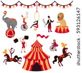 Circus elements set: tent, monkey on bike, air gymnastics, gymnast on horse, elephant on ball, lion with tamer, strongman, jugger and circus horse Circus set isolated on white, Circus elements
