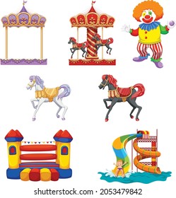 Circus Elements Set: Tent, Monkey On Bike, Air Gymnastics, Gymnast On Horse, Elephant On Ball, Lion With Tamer, Strongman, Jugger And Circus Horse Circus Set Isolated On White, Circus Elements