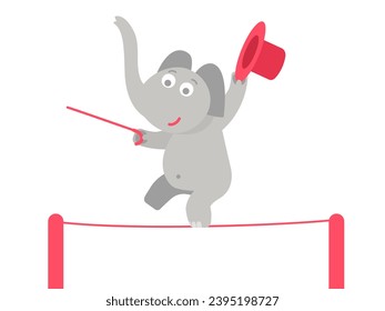 A circus elephant with a cane and hat walks along a tightrope. Children's character. Flat vector illustration.	