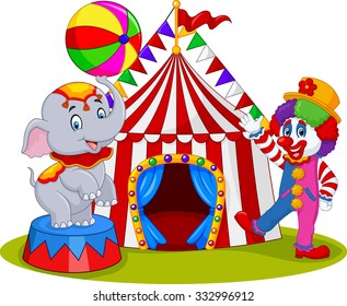 Circus elephant and clown waving hand on the circus tent background
