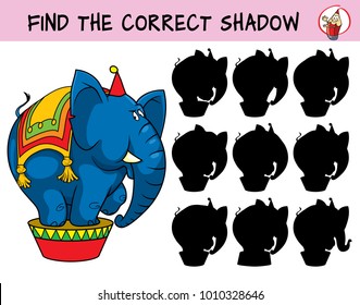 Circus elephant. Find the correct shadow. Educational matching game for children. Cartoon vector illustration