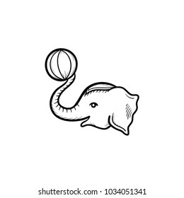 Circus elephant hand drawn outline doodle icon. Elephant playing with ball vector sketch illustration for print, web, mobile and infographics isolated on white background.