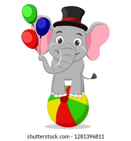 Circus elephant in a hat stands on a ball and holds balloons on a white background.