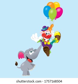 Circus elephant holding a clown floating away