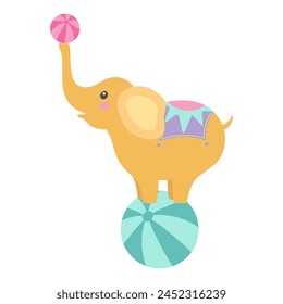 circus elephant with little ball, cartoon animal character, funny elephant acrobat standing above ball 