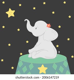 The circus elephant looks at the stars and dreaming. Vector illustration