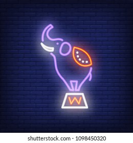 Circus elephant neon icon. Trained animal on stand on dark brick wall background. Night bright advertisement. Vector illustration in neon style for performance poster or toy shop