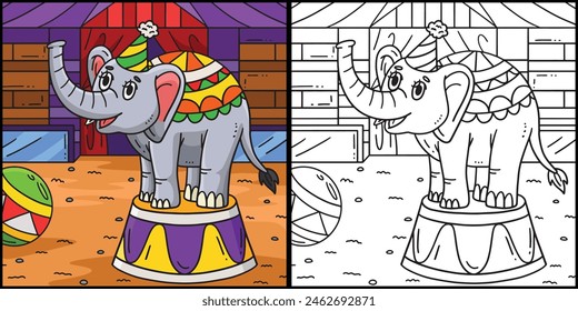 Circus Elephant On A Podium Colored Illustration