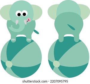 Elefante de circo sobre la bola en posición delantera y trasera
