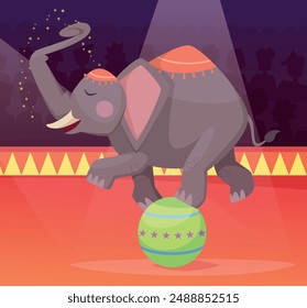 circus elephant. performance with trained big animal standing on ball. vector elephant on arena