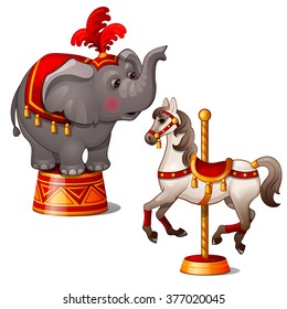 Circus elephant and rocking horse. Vector.