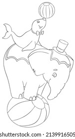 elefante circo con sello. Elemento para colorear página. Estilo de caricatura.