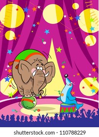 At the circus elephant shows the number on the ball. Sea calf acrobatic shows on the pedestal. The silhouettes of viewers on the background. Illustration done on separate layers in a cartoon style.