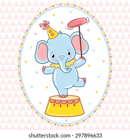 A circus elephant standing on a circus tub. Vector illustration