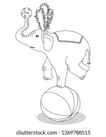 Circus elephant stands on a ball for coloring book