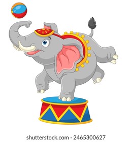 Circus elephant with a striped ball stands on a scene isolated on white background