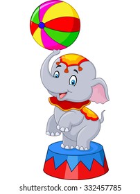 Circus elephant with a striped ball stands on a scene isolated on white background