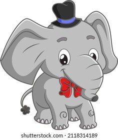 The circus elephant is wearing the ribbon tie and magical hat of illustration