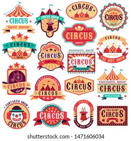 Circus emblems. Carnival festival, fun circus show retro paper signboard invitational banners event frames arrow stickers. Vector logo magic attractions set