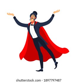 Circus entertainer, performer character in top hat and red cloak costume. Cartoon character vector man circus funfair carnival entertainer or announcer, showman in suit. Isolated white background