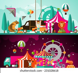 Circus entertainment attractions day and night performances background vector illustration