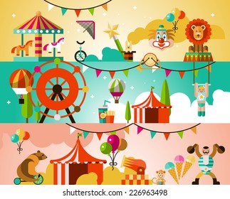 Circus entertainment attractions performances background with jugglers athletes animals vector illustration