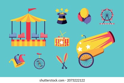 circus entertainment cartoon icons set