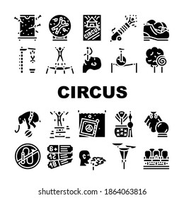 Circus Entertainment Collection Icons Set Vector. Circus Tickets And Seats, Aerodynamic Cannon And Trained Elephant, Magician Tool And Cobra With Flute Glyph Pictograms Black Illustrations