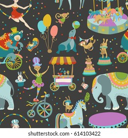 Circus Entertainment. Collection of circus performance related items, elements and characters, vintage circus, seamless pattern, Vector