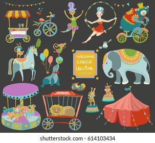 Circus Entertainment. Collection of circus performance related items, elements and characters, vintage circus, Vector