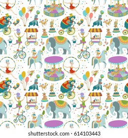 Circus Entertainment. Collection of circus performance related items, elements and characters, vintage circus, seamless pattern, Vector