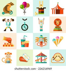 Circus entertainment flat icons set with tent clown balloons isolated vector illustration