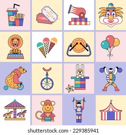 Circus entertainment flat line icons set with food clown trick hat isolated vector illustration