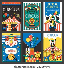 Circus entertainment fun park holiday retro posters set isolated vector illustration