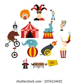 Circus entertainment icons set in flat style. Circus animals and characters set collection vector illustration