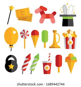 Circus entertainment icons set. Flat style design. Vector illustration.