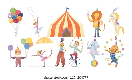 Circus entertainment icons set. Flat style design. Vector illustration.