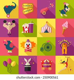 Circus entertainment  icons set. Flat style design. Vector illustration.