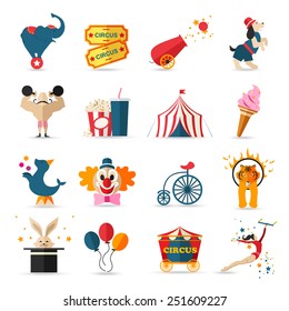 Circus entertainment  icons set. Flat style design. Vector illustration.