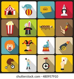 Circus entertainment icons set in flat style. Circus animals and characters set collection vector illustration