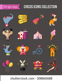 Circus entertainment icons set. Vector illustration.