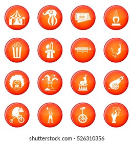Circus entertainment icons vector set of red circles isolated on white background