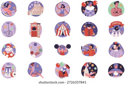 Ilustración vectorial De Ilustraciones De Circo Y Entretenimiento. Plantilla de diseño de símbolos de ilustración para elemento de interfaz de usuario móvil de Web.