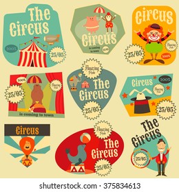 Circus Entertainment Labels Retro Set. Cartoon Style. Circus Animals and Characters. Vector Illustration.