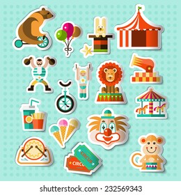 Circus entertainment paper stickers set with tickets lion icecream isolated vector illustration