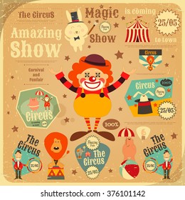 Circus Entertainment Poster in Vintage Style. Cartoon Style. Circus Animals and Characters. Vector Illustration.