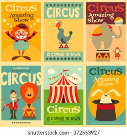 Circus Entertainment Posters Retro Set. Cartoon Style. Circus Animals and Characters. Vector Illustration.