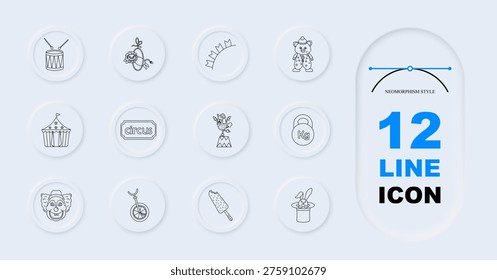 Circus entertainment set icon. Line symbols with drum toy monkey crown bear circus tent sign clown face unicycle popsicle magic hat kettlebell inside circular neumorphism buttons layout
