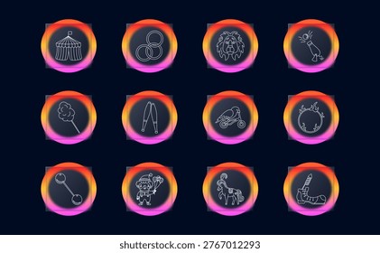Circus entertainment set icon. Linear performance show collection with circus tent, rings juggling, lion, cannon stunt, cotton candy, stilts walker, motorcycle stunt, flaming hoop