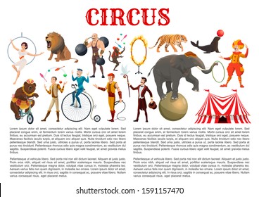 Circus entertainment show animal tamers, clowns and equilibrists, magician illusionist and muscleman. Vector big top circus lion in fire ring, elephant balancing on ball and monkey juggling pins